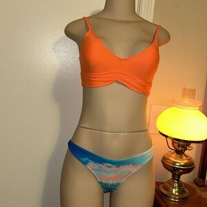 Aerie Orange Blue Swimwear bikini Top & Longline Bandeau Bikini Set Size…